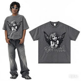 【NEATMOA】Mens Street Style Graphic T Shirt Gray Crew Neck Tee with Angel Wings and StreetsTeam Print Short Sleeve Summer Top