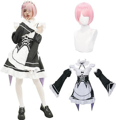 NEATMOA Re:ゼロから始める異世界生活 ラム メイド服 ウィッグ付き コスプレ衣装 豪華 ウィッグセット 学園祭 文化祭 漫遊展に最適