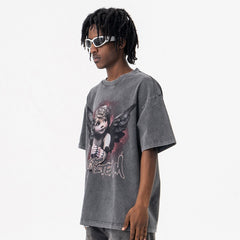 【NEATMOA】Mens Street Style Graphic T Shirt Gray Crew Neck Tee with Angel Wings and StreetsTeam Print Short Sleeve Summer Top