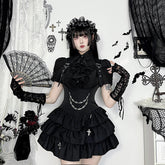 NEATMOA 地雷系 ゴスロリ系 セットアップ レディース ワンピース 2点セット レースアップ フリル チェーン付き 黒 かわいい おしゃれ ファッション 原宿系 パンク風 春 夏 秋 冬