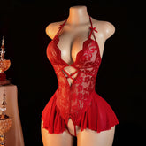 NEATMOA Lace Open Crotch Bodysuit – Sexy Deep V Temptation Mini Dress Lingerie for Women