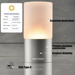 NEATMOA Premium Rechargeable LED Table Lamp – Glass Ambient Light with Aluminum Body for Bedroom, Hotel & Bar