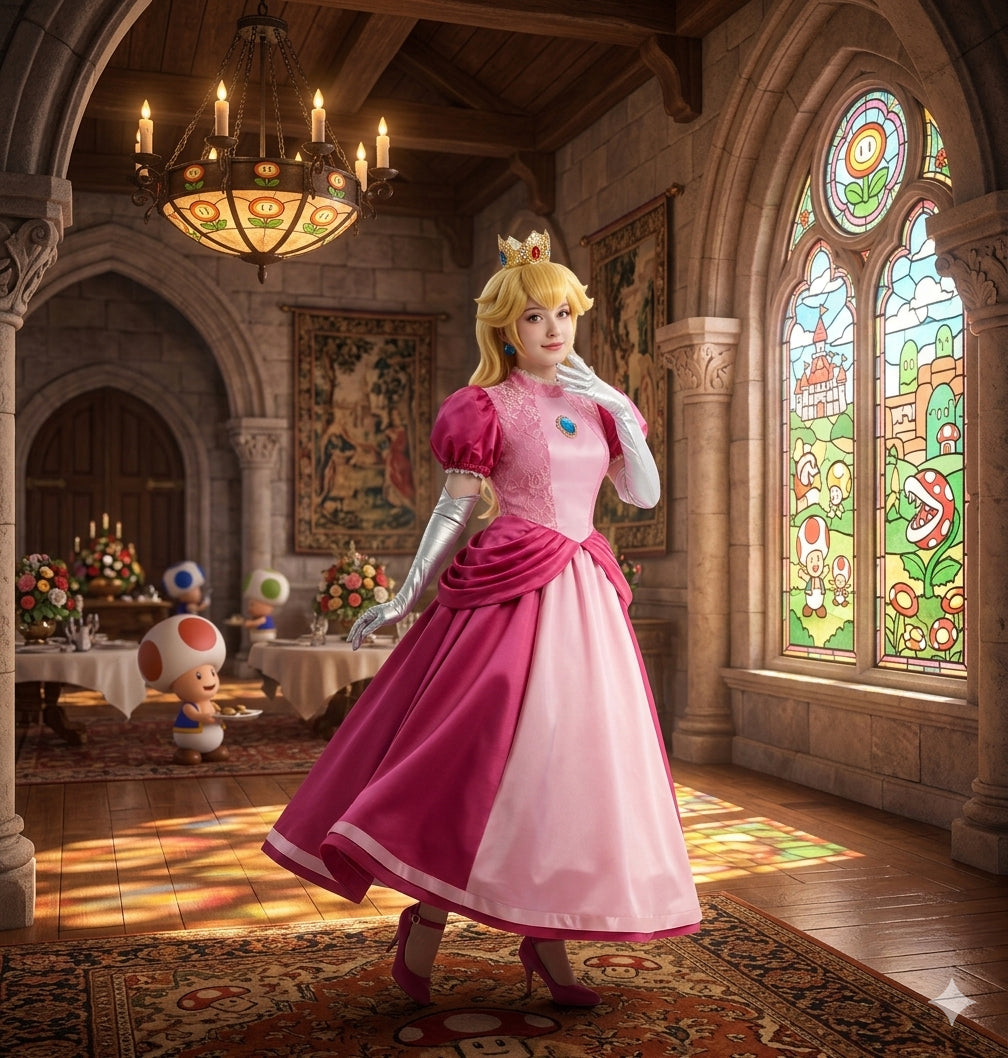 NEATMOA Princess Peach Cosplay Costume Movie Inspired Full Set Pink Dress Women Halloween Outfit