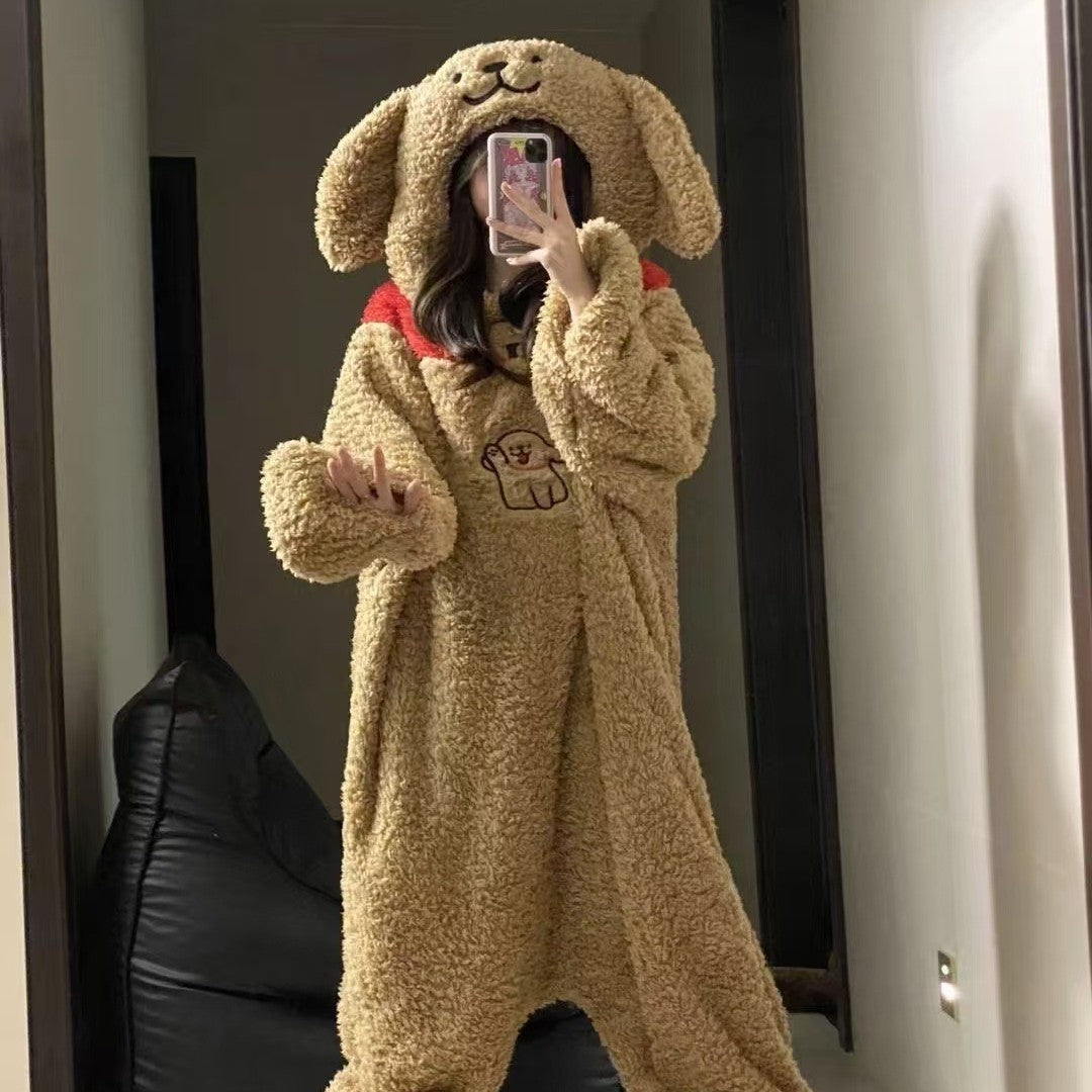 NEATMOA Cute Puppy Couple Coral Fleece Onesie Pajamas Thick Warm Unisex Sleepwear Asian Sizes.