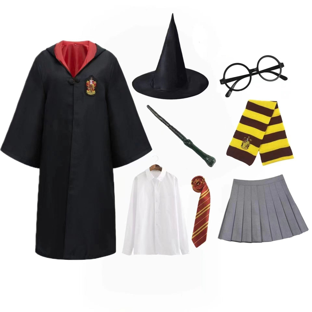 NEATMOA Harry Potter Style Cosplay Costume 8-Piece Set with Robe Gryffindor Slytherin Ravenclaw Hufflepuff Magic School Uniform S to XXL
