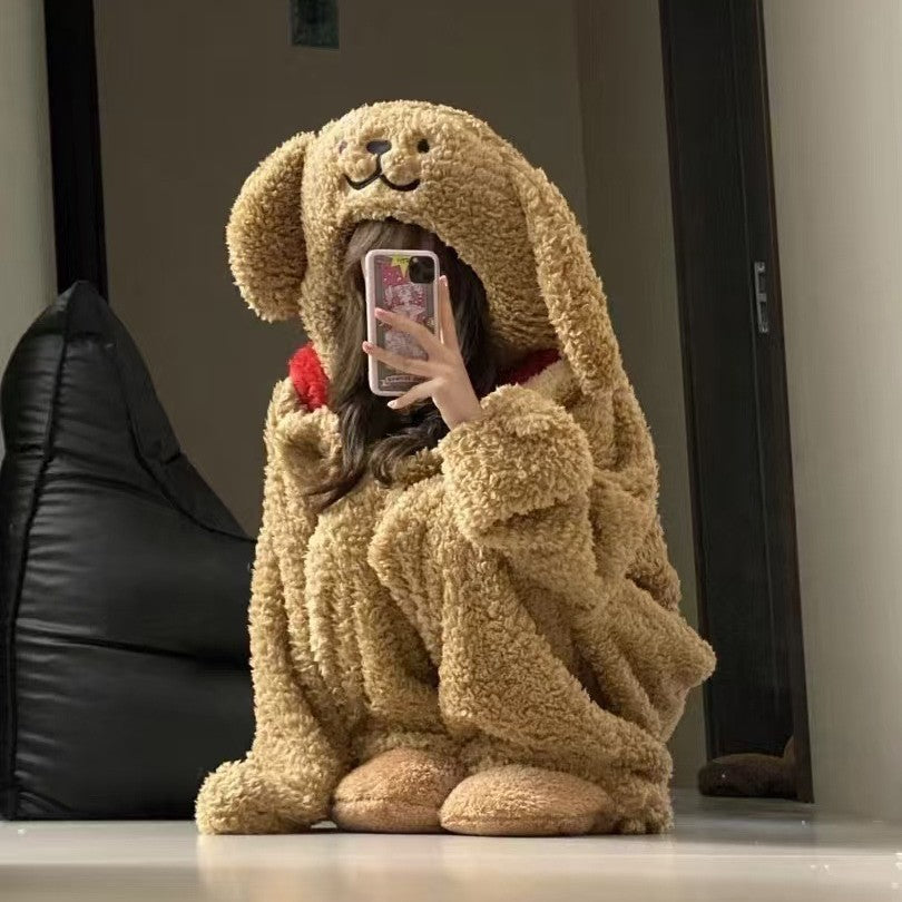 NEATMOA Cute Puppy Couple Coral Fleece Onesie Pajamas Thick Warm Unisex Sleepwear Asian Sizes.