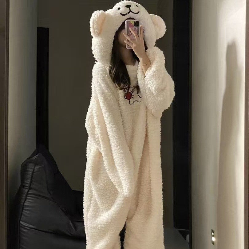 NEATMOA Cute Puppy Couple Coral Fleece Onesie Pajamas Thick Warm Unisex Sleepwear Asian Sizes.
