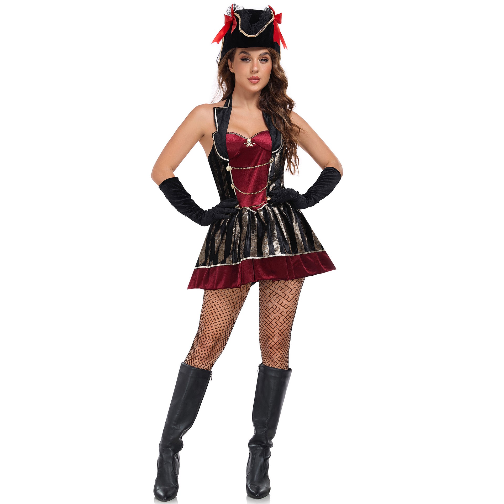 NEATMOA Sexy Pirate Costume for Women Halloween Caribbean Captain Cosplay Outfit with Hat and Gloves