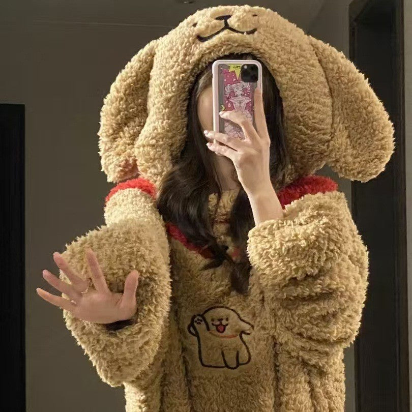 NEATMOA Cute Puppy Couple Coral Fleece Onesie Pajamas Thick Warm Unisex Sleepwear Asian Sizes.