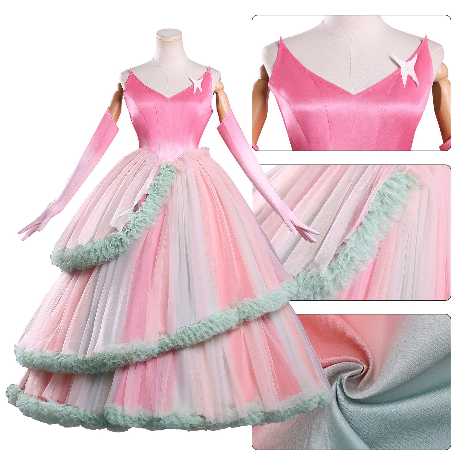 Close-up of Glinda cosplay dress details in pink, The Witches 2 outfit