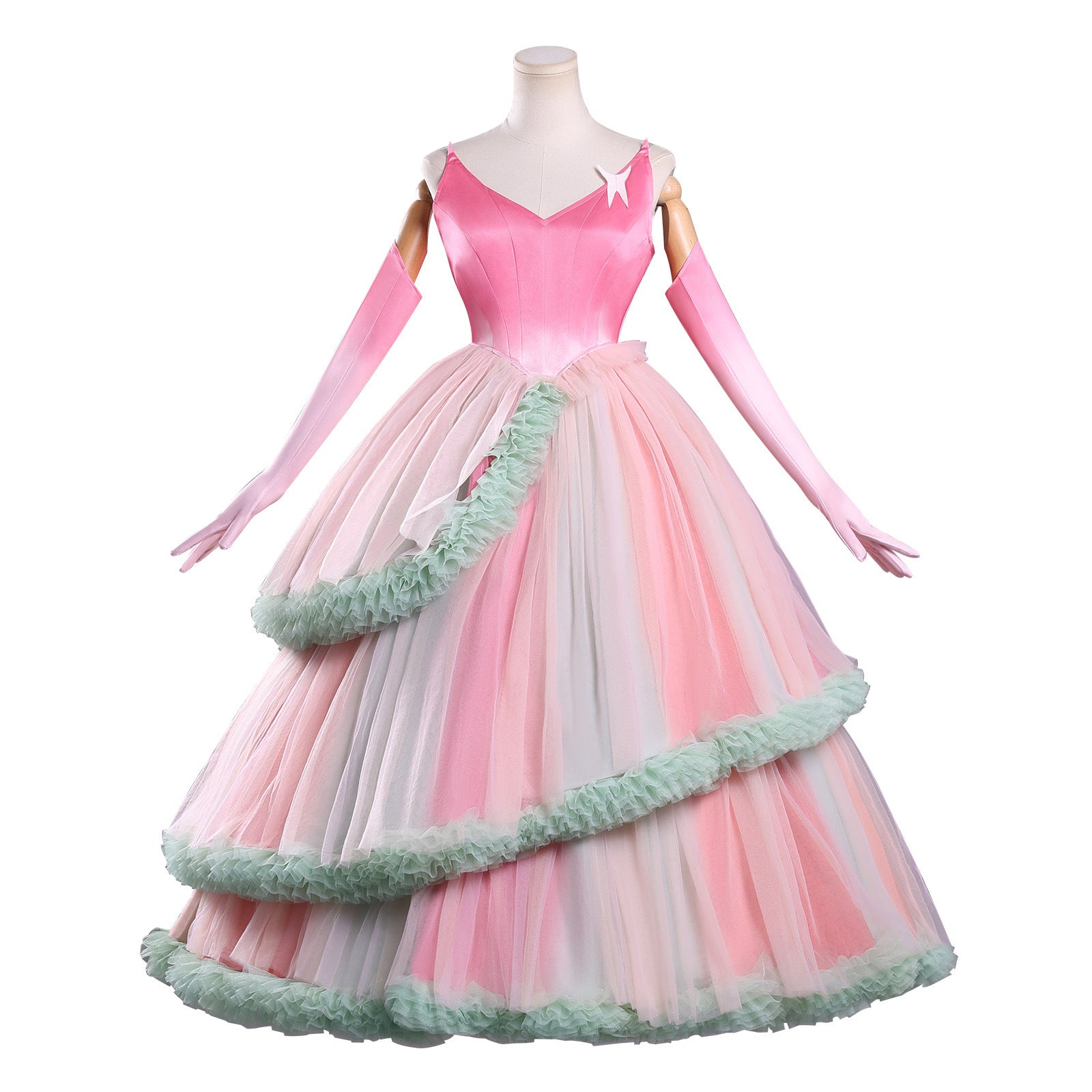 Front view of Glinda cosplay costume in pink, including dress and accessories